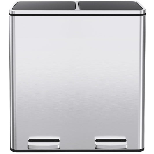 AthLike 60L(16 Gal) Dual Trash Can, Stainless Steel Kitchen Garbage Can, Double Compartment Classified Rubbish Bin, Recycle Dustbin w/Plastic Inner Buckets, Soft-Close Lid, Airtight, Silver