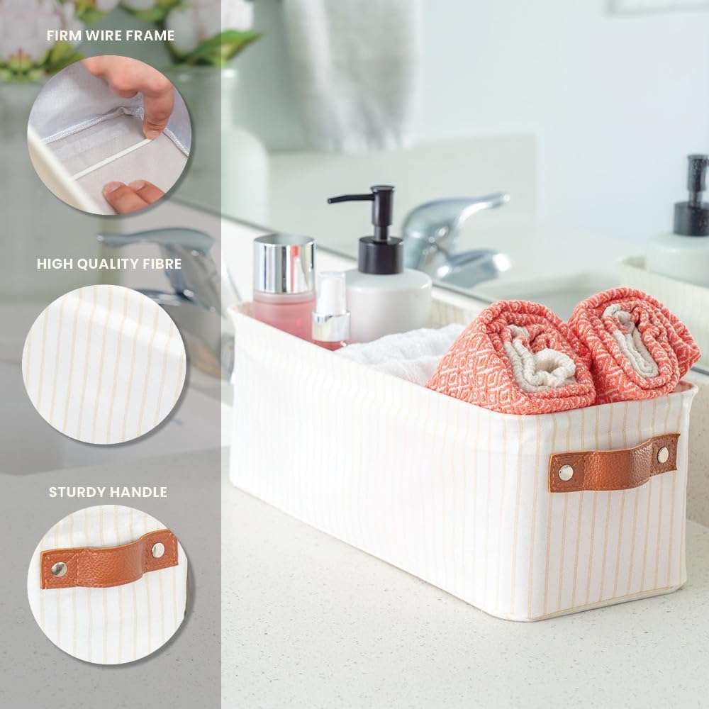 OrganiHaus Narrow Storage Bins 15x06in, Small Closet Bins for Shelves, Bathroom Storage Baskets, Narrow Baskets, Fabric Organizer with Handles, Toilet Paper Organizer - 2 Pack, White w/ Brown Stripes