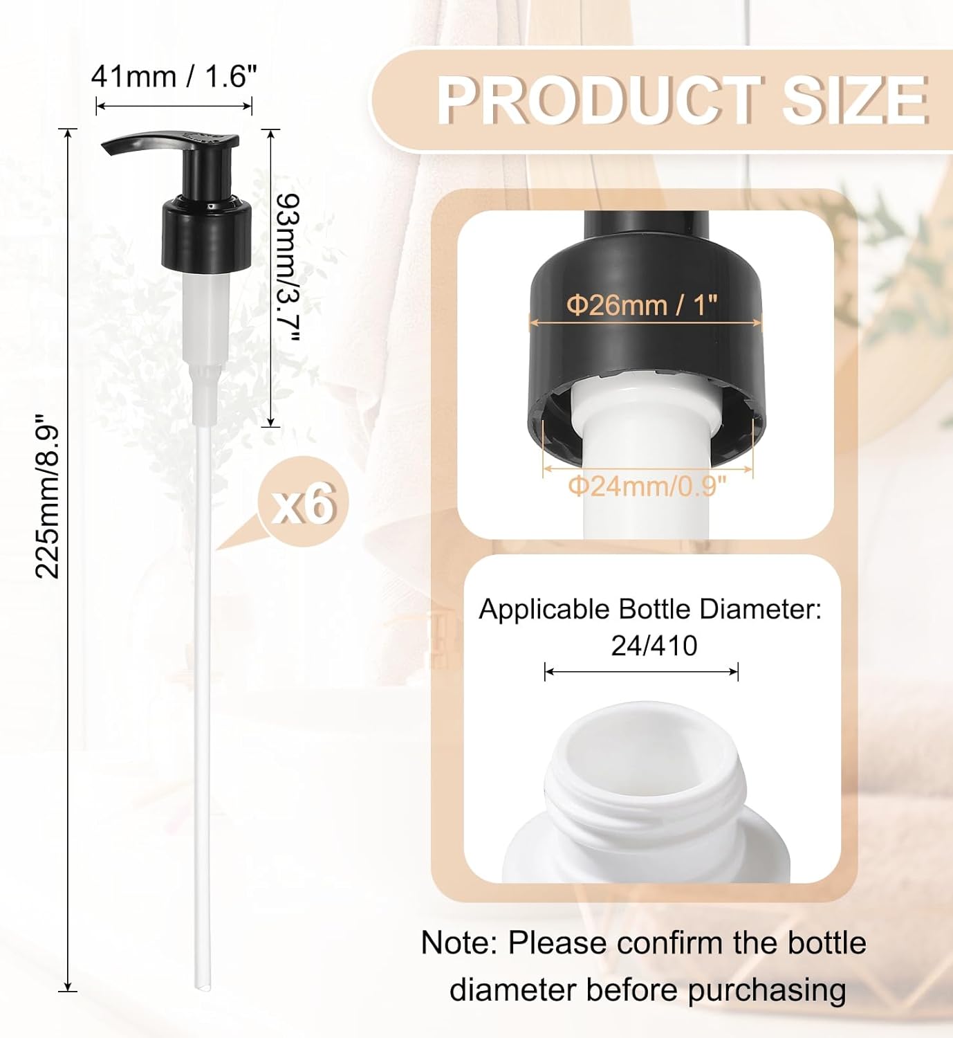 uxcell 6 Pcs Soap Dispenser Pump Heads Soap Dispensers Top Pumps Replacement Switch Pumphead for Standard 24/422 Neck Size Lotion Shampoo Bottle, Black