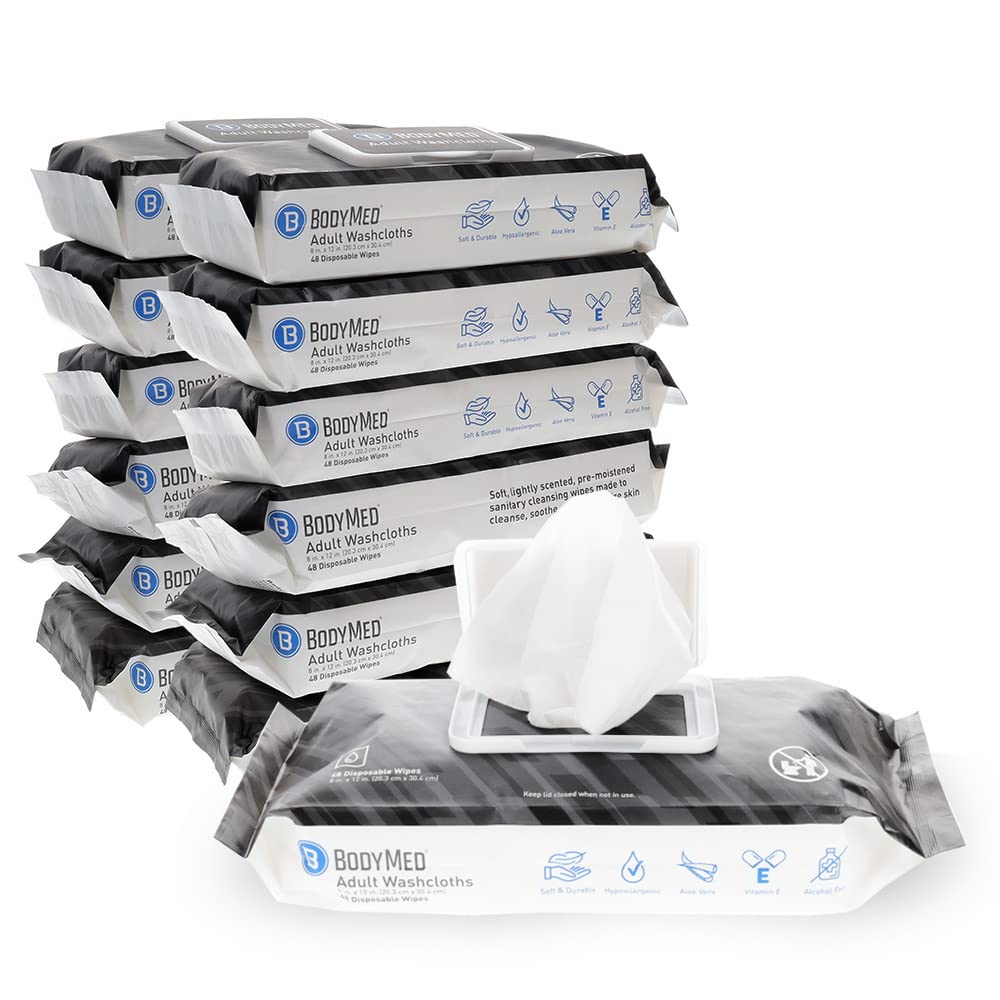BodyMed Adult Disposable Incontinence Wipes, 48 Wipes/Pack (12-Pack) - Pre-Moistened & Hypoallergenic Washcloths Formulated with Vitamin E & Aloe Vera