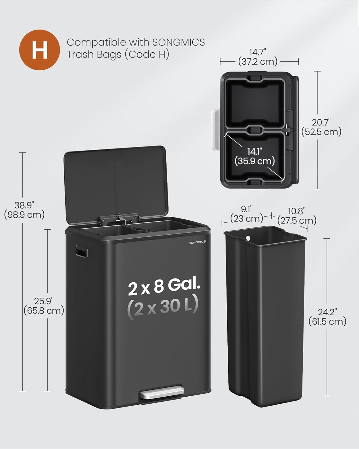 SONGMICS Trash Can, 2 x 8 Gallon (2 x 30 L) Double Garabge Can for Recycling and Waste, Stainless Steel, Soft-Close Lid, Inner Buckets, Wide Sturdy Pedal, Ink Black ULTB556B01