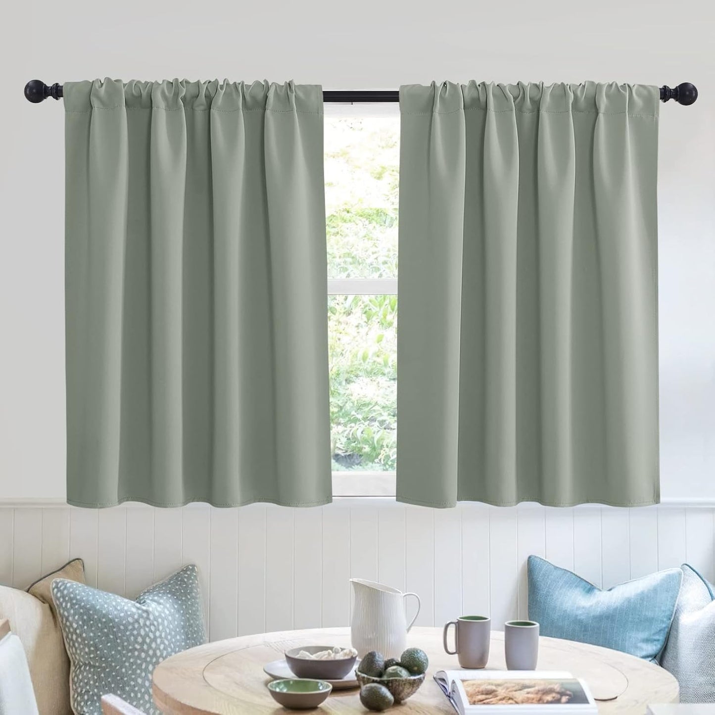RYB HOME Short Curtains 36 inch 2 Panels Set, Room Darkening Small Window Drapes Thermal Insulated Cafe Curtains for Kitchen Dorm Transit Van, W42 x L36 inch, Grayish Green