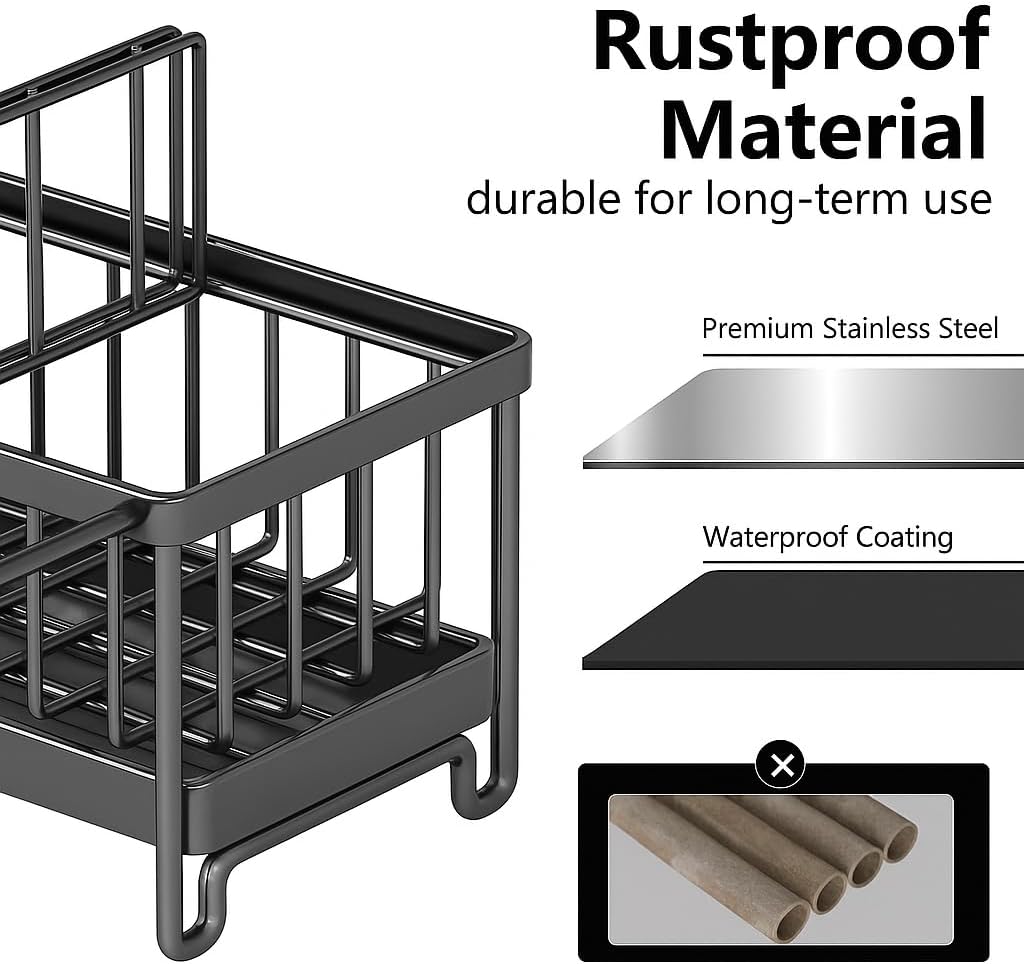 BSHG King Black Sponge Holder for Kitchen Sink, Sink Caddy Organizer with High Brush Holder, Kitchen Countertop Organizers and Storage Essentials,rustproof Stainless Steel(1Sink Caddy + 2 Sponges)