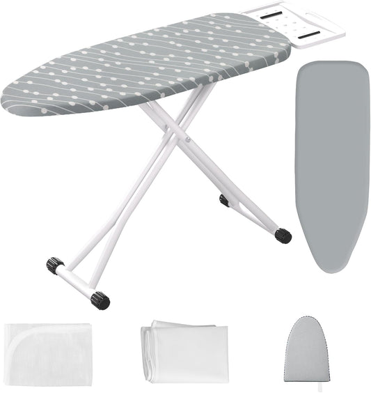 Ironing Board,Foldable Ironing Board Adjustable Height Compact Iron Board Thick Steel Tube Iron Board with Holder,Replacing Cloth Cover and Mini Handheld Gloves(Blue Dots)