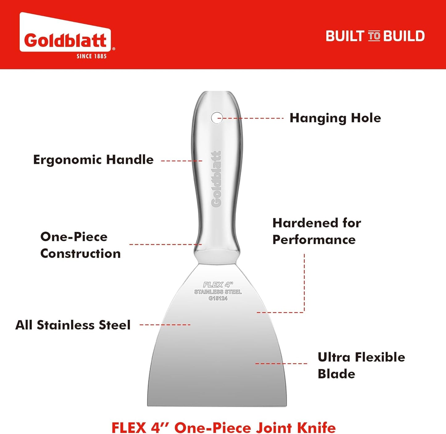 Goldblatt 4" Putty Knife, One-Piece Paint Scraper Tool, All Stainless Steel Joint Knife with Flexible Blade, Seamless Design, Metal Ergonomic Handle - for Drywall Repairing, Finishing and Scraping