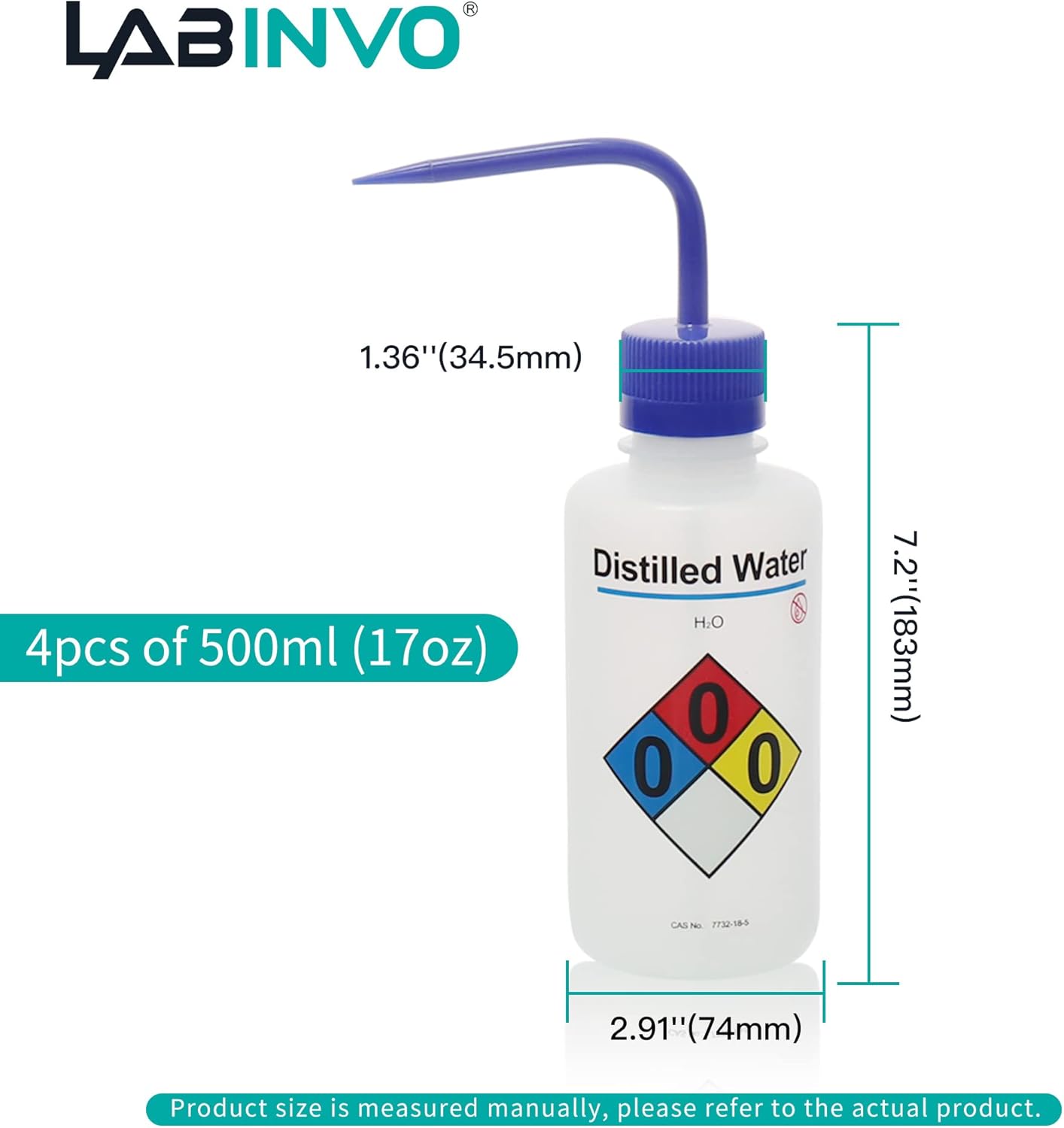 4pcs of Distilled Water Wash Bottles, Vol.500ml (17oz), Narrow Mouth, Self-Venting Safety Wash Bottles, LDPE Material, IN-WBD500