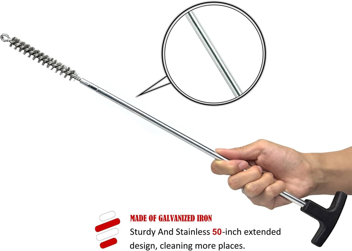 50 in Pipe Cleaning Brush Set with Stainless Steel Bristles, Wire Brush with 4pcs Galvanized Rod, Stainless Steel Pipe Brush 4pcs for Auto Parts, Bottles, Tubes. (3/5, 1, 1 3/5, 2 in Brush Heads)