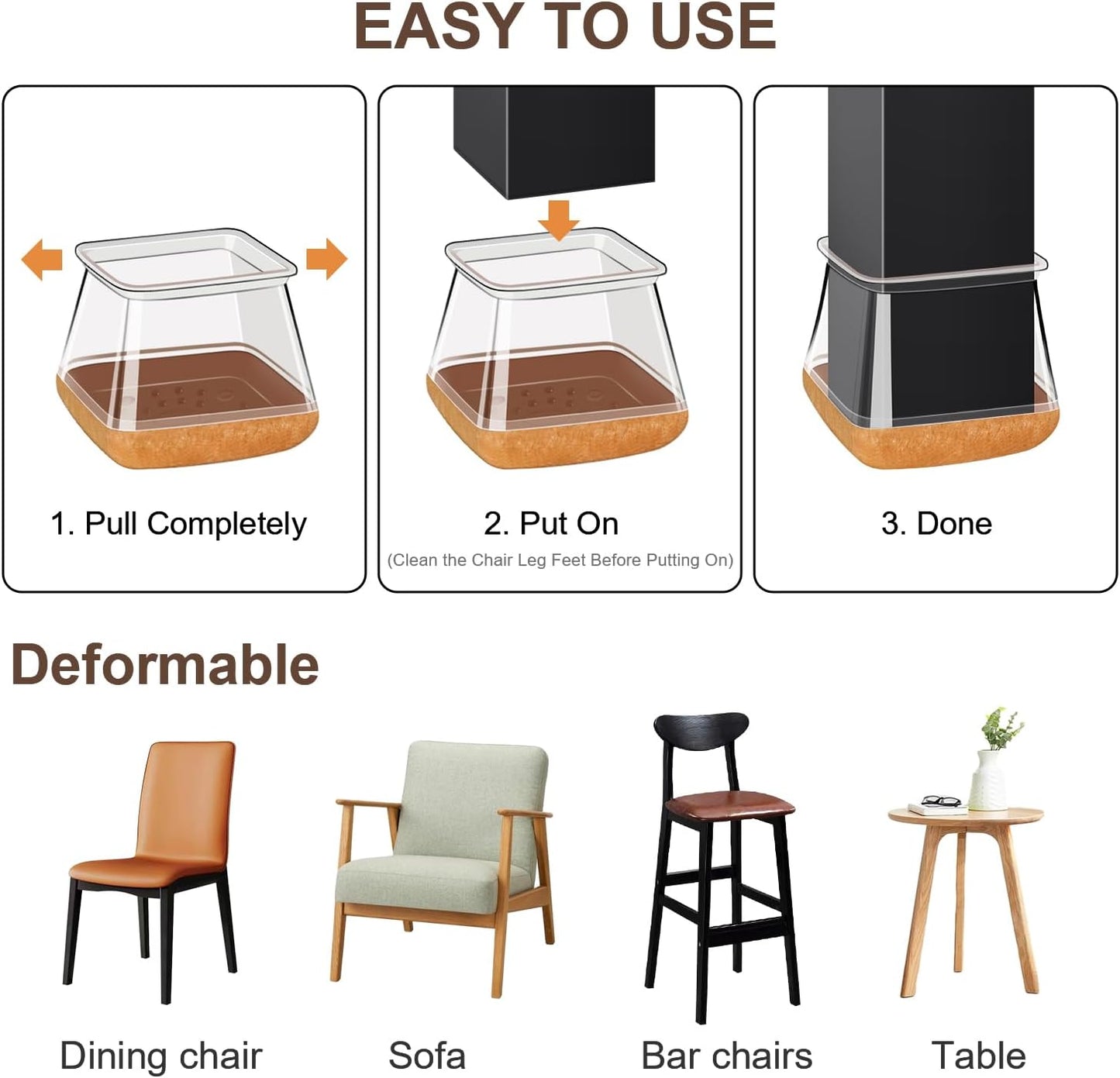 40 Pcs Chair Leg Floor Protectors for Hardwood Floors, Clear Rubber Furniture Sliders with Felt, Silicone Furniture Leg Caps Covers (Fit Square Diameter:1.06" to 1.44")