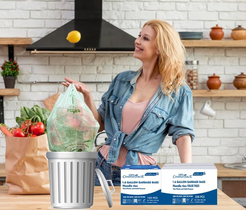 1.6 Gallon Compostable Trash Bags with Handle, 250 Count Small Compost Bags, Biodegradable Kitchen Garbage Bags, Food Scrap Waste Bags for Countertop Bin, ASTM D6400, US BPI Certified