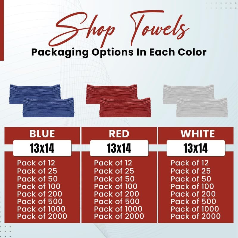 Shop Towels (Red, 2000-Pack) - Bulk Cleaning Towel in a Bag, Mechanic Cotton Wipes for Car Maintenance, Auto Mechanics & Garage, Wipe Grease & Oil, Machine Wash & Reusable