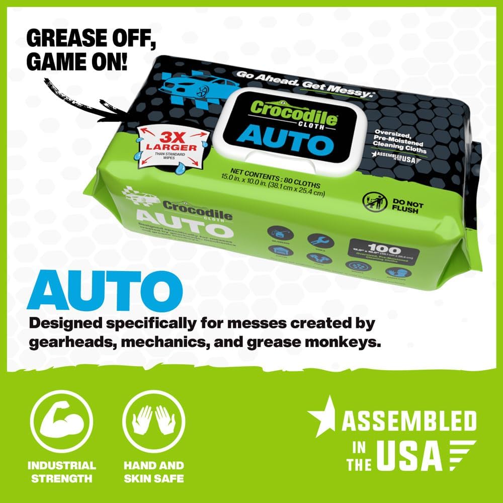 Crocodile Cloth Auto Cleaning Wipes – 100 XL (15" x 10") Disposable Wipes for Car Engine Degreasing, Body Detailing & Tire Cleaning – Cuts Grease, Oil, Adhesives on Hands, Tools, Parts & More