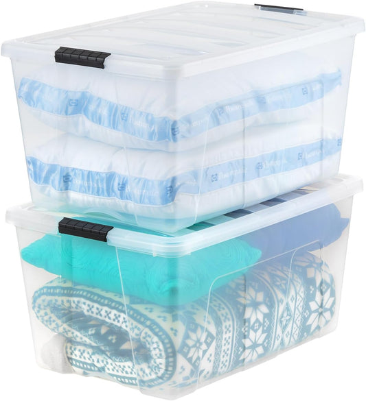 IRIS USA 94 Qt Stackable Plastic Storage Bins with Lids, 2 Pack - BPA-Free, Made in USA - See-Through Organizing Solution, Latches, Durable Nestable Containers, Secure Pull Handle - Clear