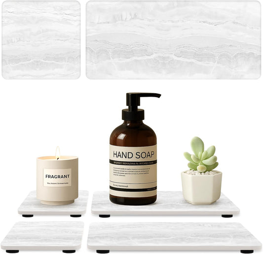 4 Pack Water Absorbing Stone Drying Tray for Bathroom Sink Trays Kitchen Counter Diatomite Stone Quick Dry Diatomaceous Earth Mat for Sink Kitchen Soap Trays Ceramic Marble Bathroom Vanity Tray