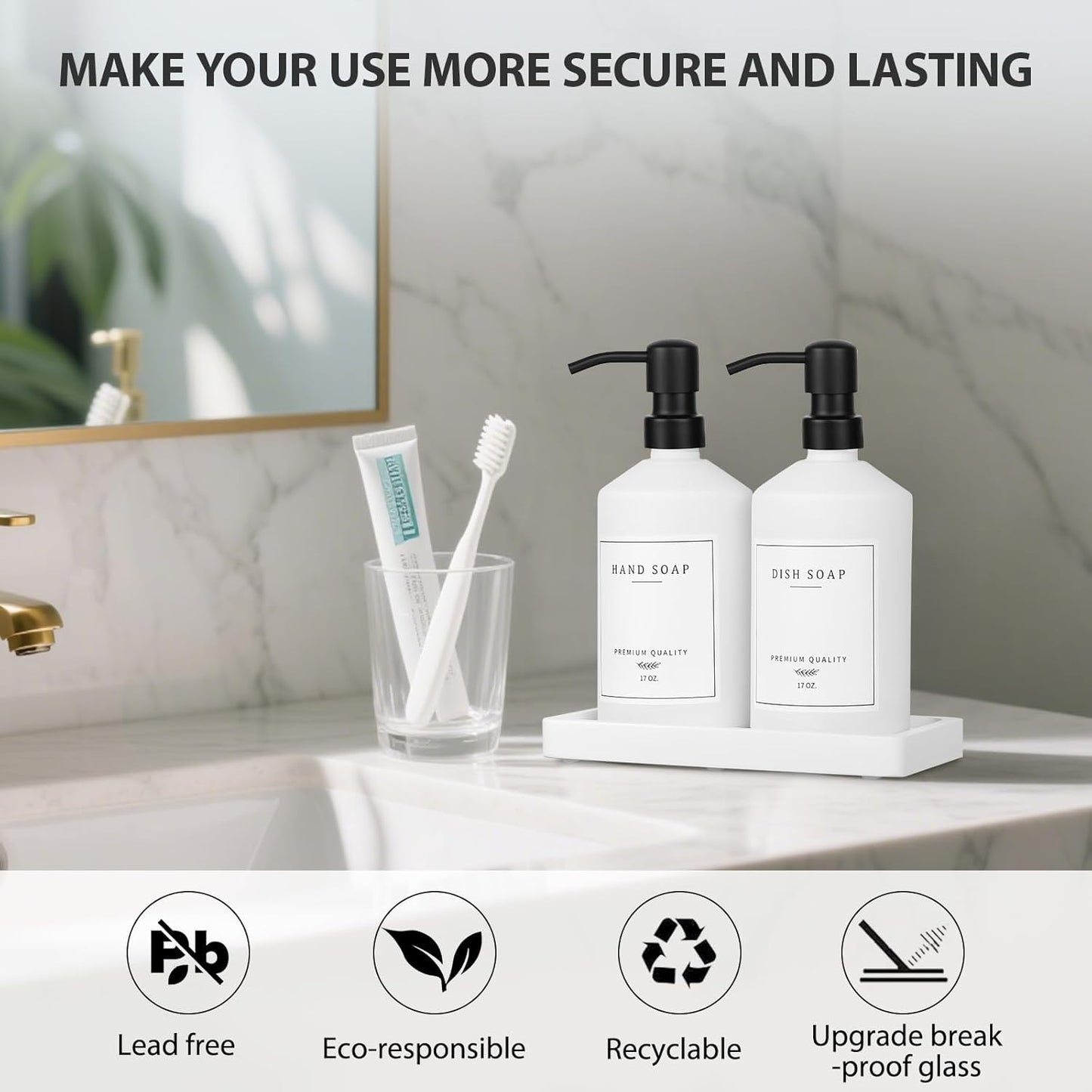 White Glass Kitchen Soap Dispenser Set, 17 OZ Hand and Dish Soap Dispenser Set with Rustproof Stainless Pump, 14 Waterproof Labels, Non-Slip Tray, Modern Bathroom Accessories(White Bottle/Black Pump)