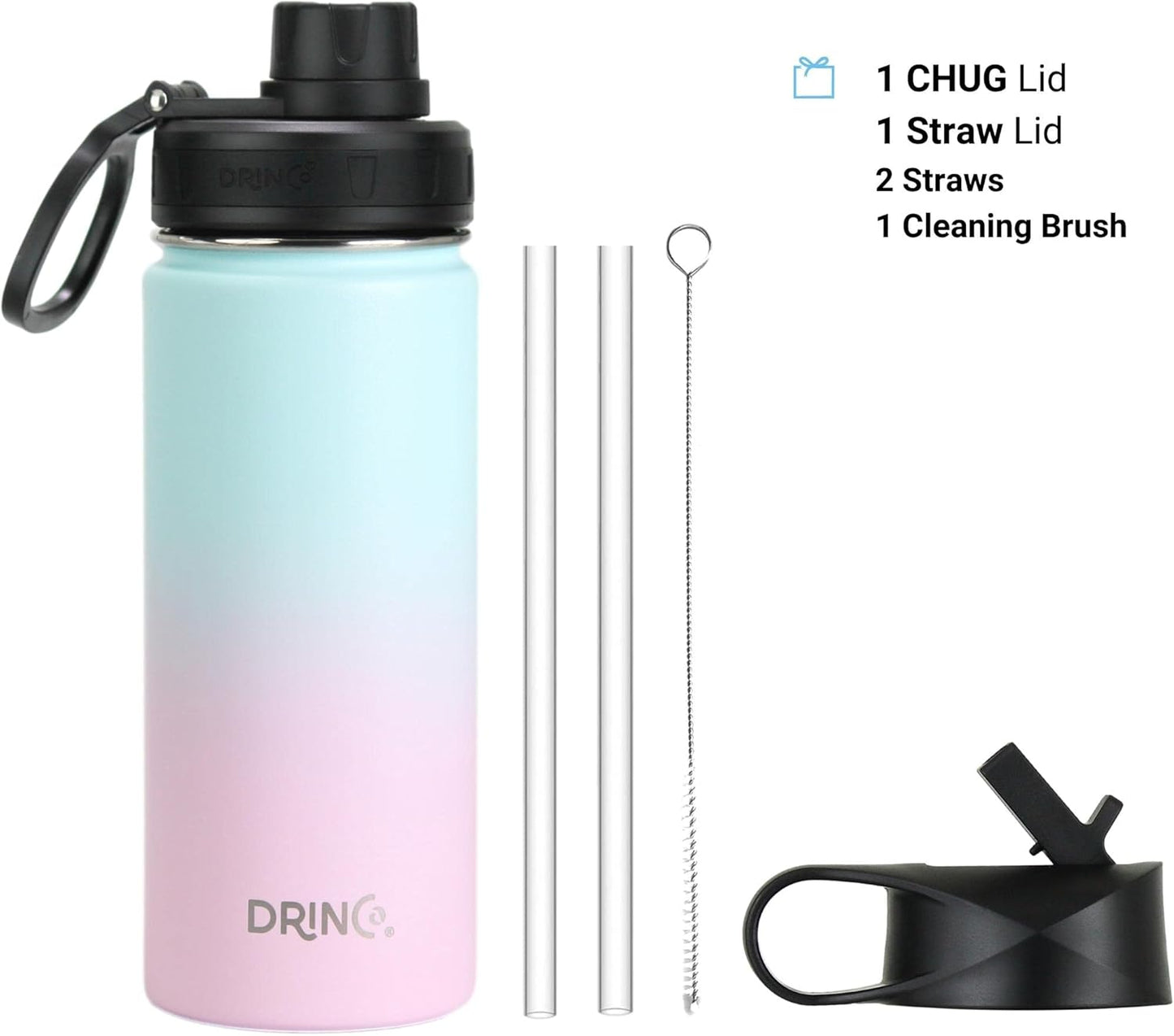 DRINCO Stainless Steel Water Bottle Spout Lid Vacuum Insulated Double Wall Water Bottle Wide Mouth (40oz 32oz 22oz 18oz 14oz) Leak Proof Keeps Cold or Hot (18 oz, 18oz Macaron)