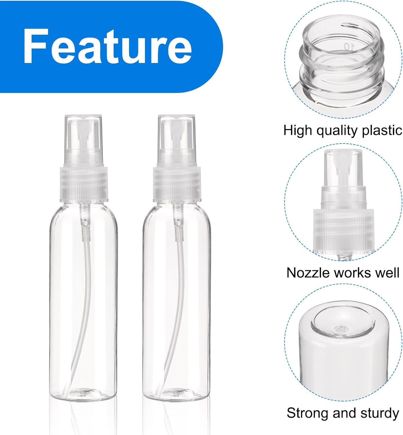 uxcell 100Pack Spray Bottles, 2Oz/60ML Reusable Clear Empty Mist Plastic Mini Travel Bottle Set,Small Refillable Liquid Containers for Household Use, Essential Oil, Cleaning (Transparent)