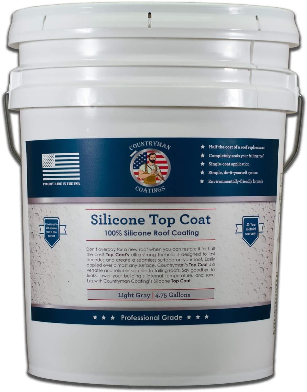 Countryman Coatings 100% Silicone Roof Coating - Restore Your Roof in a Day - Seal Leaks, Cracks, Seams, Penetrations - Adheres to All Surfaces (4.75 Gallon, Light Gray)