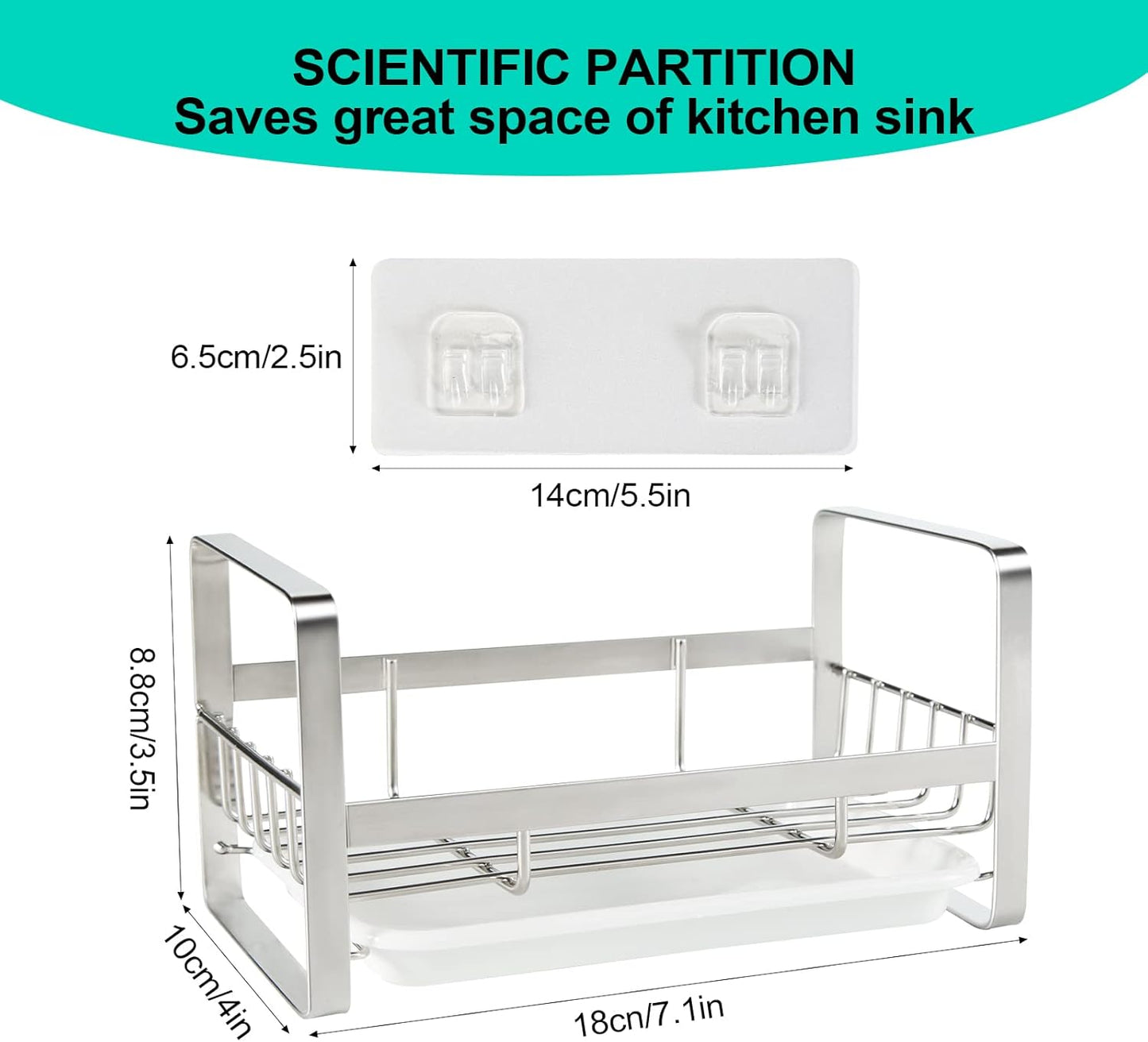 TEZZ Sponge Holder for Kitchen Sink, Stainless Steel Kitchen Storage Sink Caddy for Organizing Sponge, Brush & Dish Soap Dispenser, Sink Organizer Rack with Adhesive or Counter top, Silver