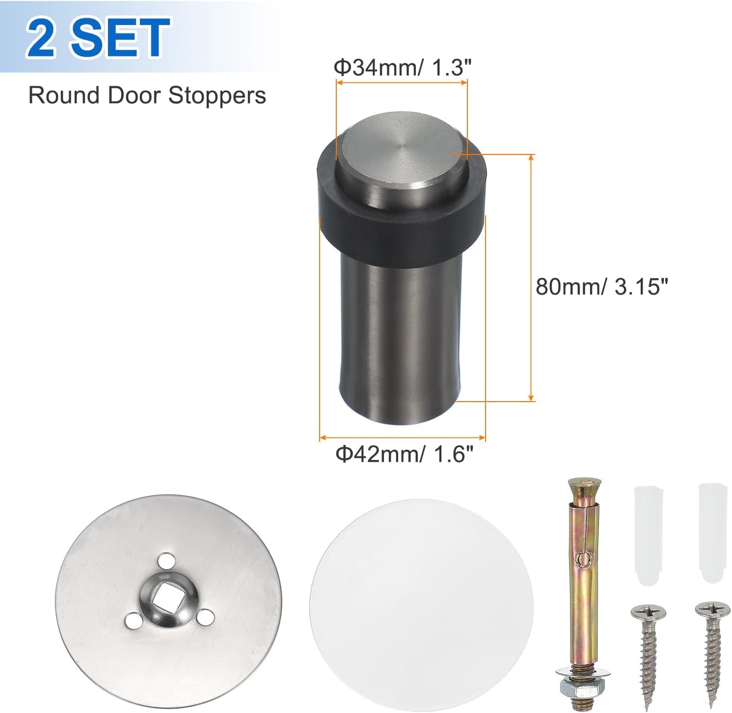 PATIKIL 2Set Round Door Stoppers, 80mm Stainless Steel Door Stop Doorstop Wedge Metal Cylinder Self Adhesive with Screw for Bottom of Door Floor Inside, Gold Tone