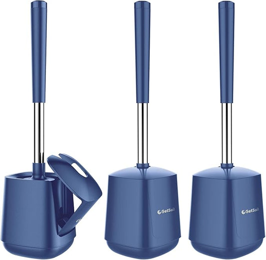 SetSail Toilet Brush and Holder 3 Pack, Self Closing Lid Toilet Bowl Brushes Holder Extra Long Handle Ventilated Toilet Brush Set for Bathroom Cleaning, Nylon Bristles, Dark & Blue