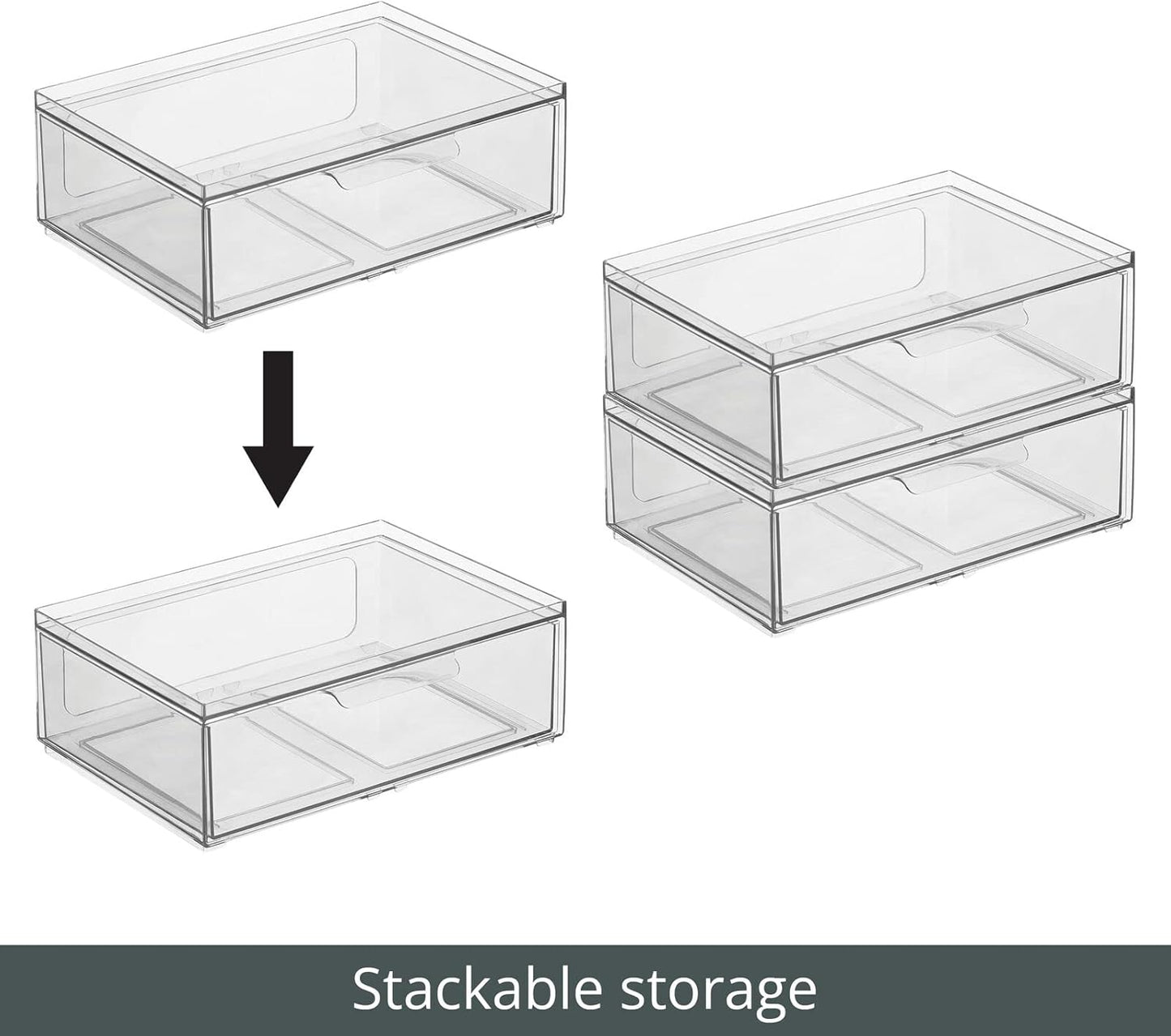 mDesign Plastic Wide Stackable Kitchen Storage Organizer Bin Containers with Front Pull Drawer for Cabinet, Pantry, Fridge, Freezer, Shelf, Refrigerator Organization, Lumiere Collection, 4 Pack, Clear