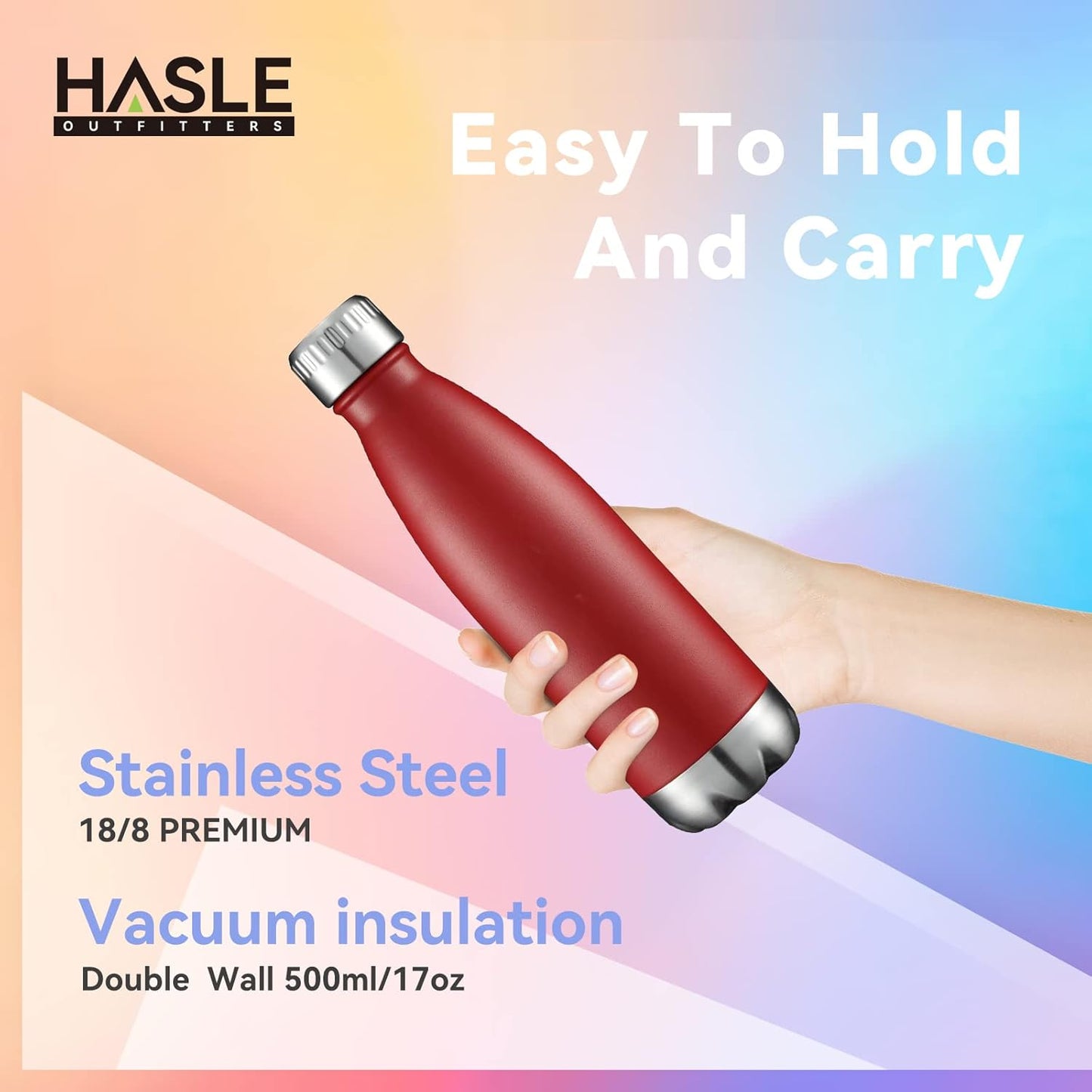 HASLE OUTFITTERS 17oz Stainless Steel Water Bottles Bulk, Vacuum Insulated Water Bottles Double Walled Powder Coated Reusable Metal Sports Water Bottles Keep Drinks Hot and Cold, Red, 8Packs