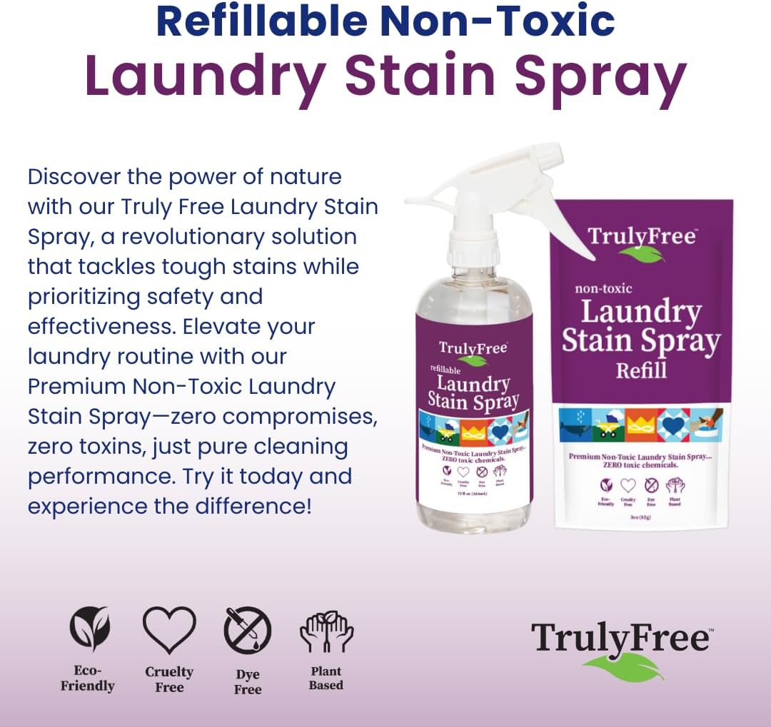 Truly Free Laundry Stain Remover Spray for Clothes - Removes Tough, Dried-In Stains on Whites & Colors -Natural Ingredients - Gentle Yet Powerful - Includes 3 oz Refill & Empty Refillable Bottle