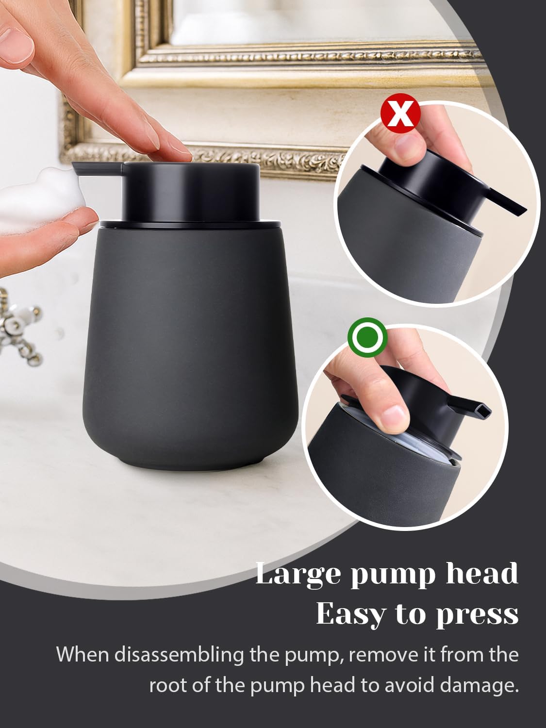 INGOFIN Ceramic Foaming Soap Dispenser - 12oz Foam Hand Soap Dispenser Bathroom, Ceramic Dish Soap Modern Dispenser with Pump for Kitchen, Matte Grey