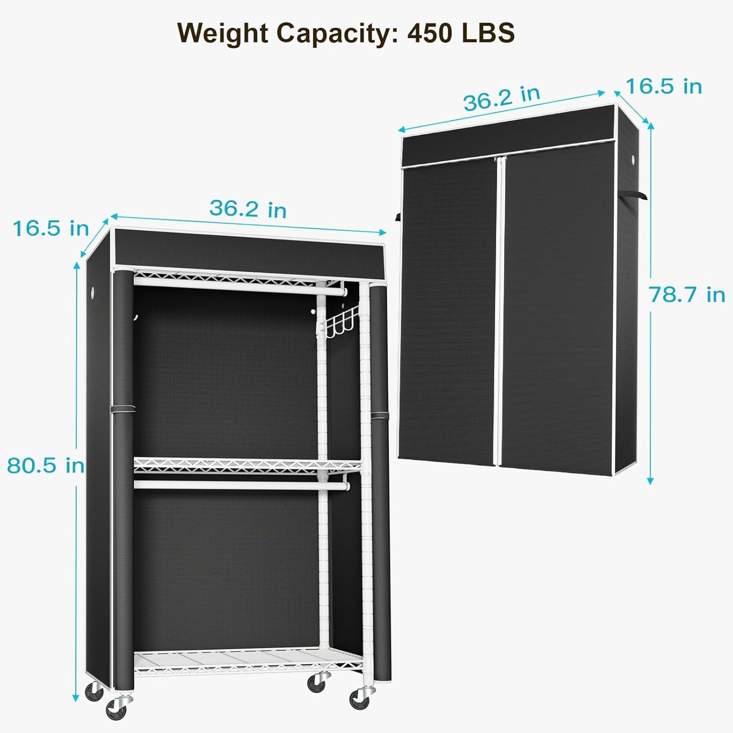 FUTASSI White Clothing Rack with Black Cover, P1C Rolling Closets with Wheels, Metal Garment Rack for Hanging Clothes, Clothing Storage Wardrobe, 36.2" W x 16.5" D x 80.5" H, Load 450 Pounds