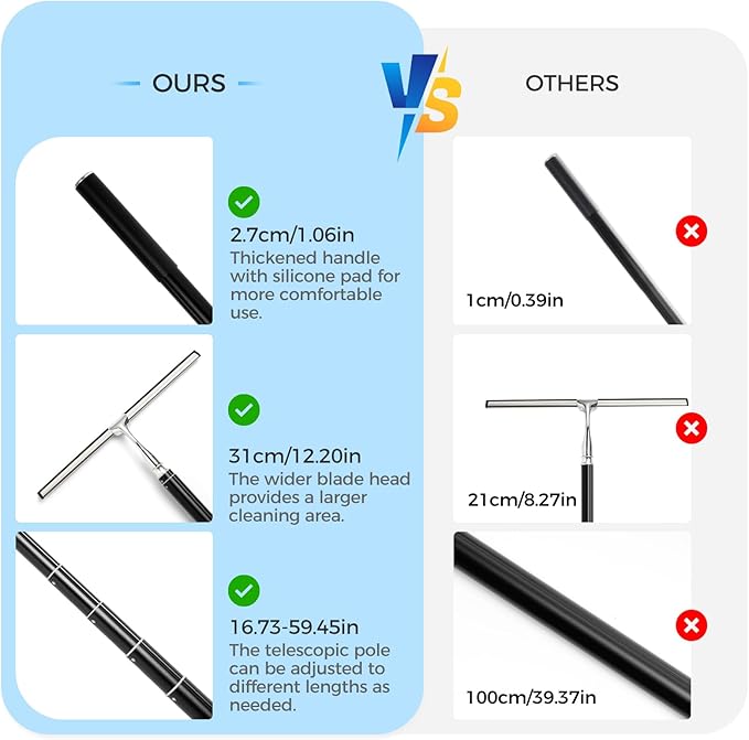 59.5" Long Handle Window Squeegee with Extension Pole, 12.4" Wide Metal Shower Squeegee for Glass Doors, Floor Squeegee for Home Window Cleaning, Tile Wall, Car