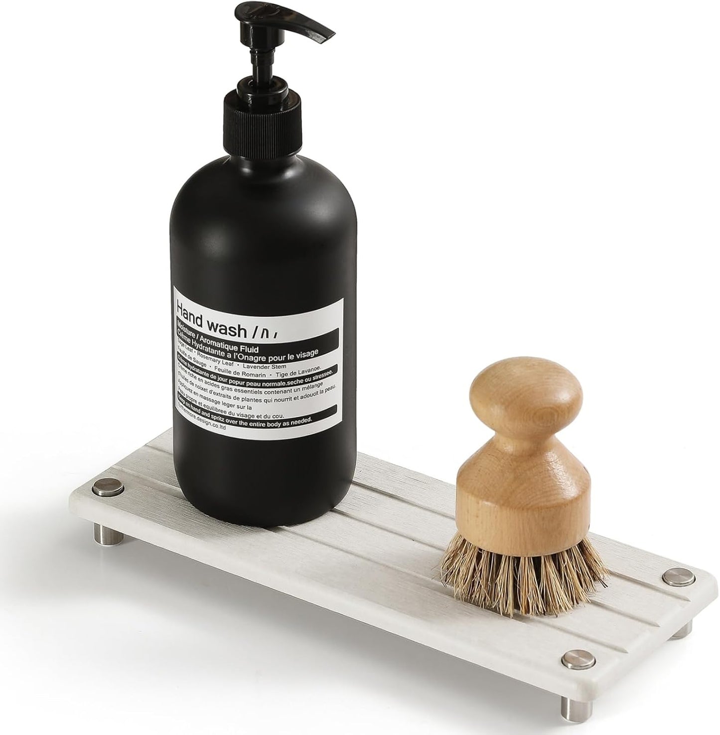 Quick Dry Bathroom Tray & Kitchen Sink Organizer, Water Absorbing Countertop Sponge Holder Soap Dish, Diatomaceous Earth Stone Vanity Dispenser Toothbrush Bottle, Gray Beige, 10" x 4"