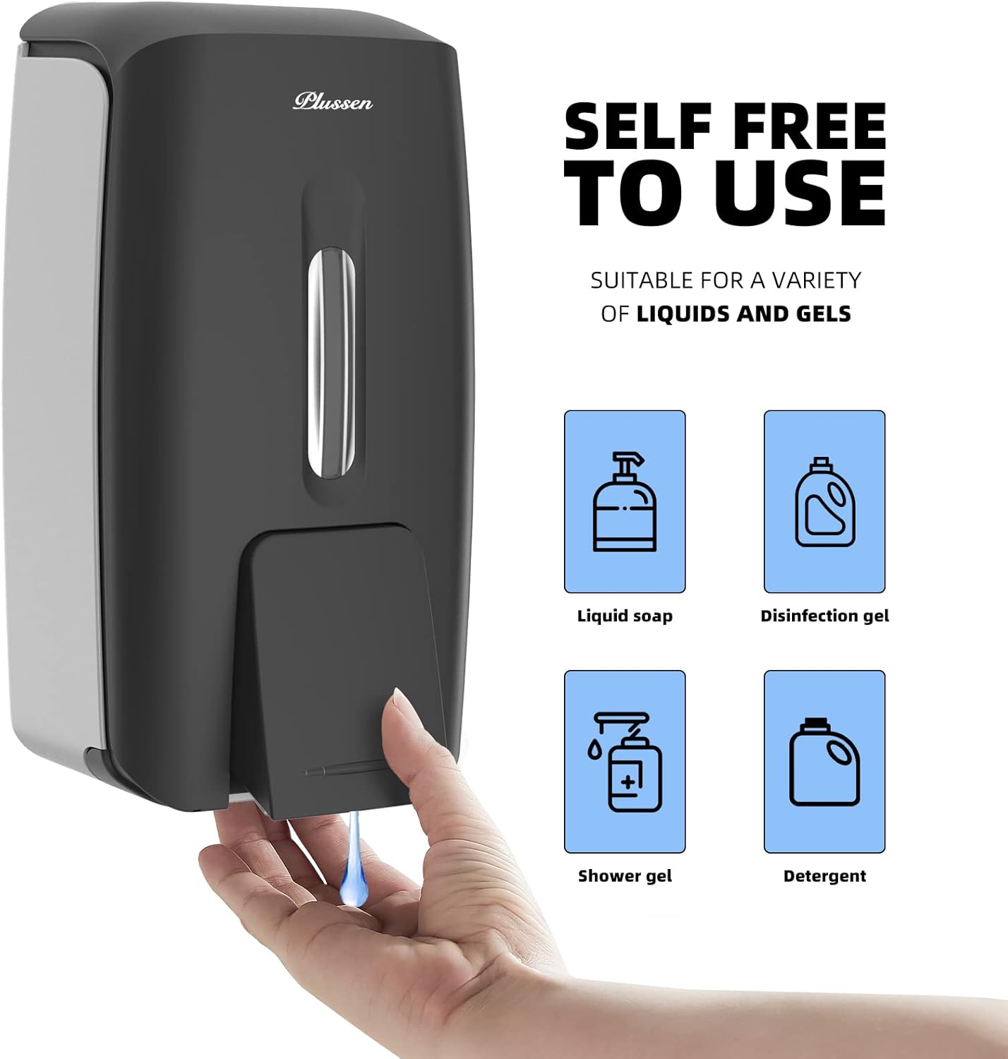 Soap Dispenser Wall Mount Adhesive Commercial Soap Dispenser 800ml No Drill Hand Sanitizer Dispenser for Bathroom Support Liquid and Gel,Black-PN9088