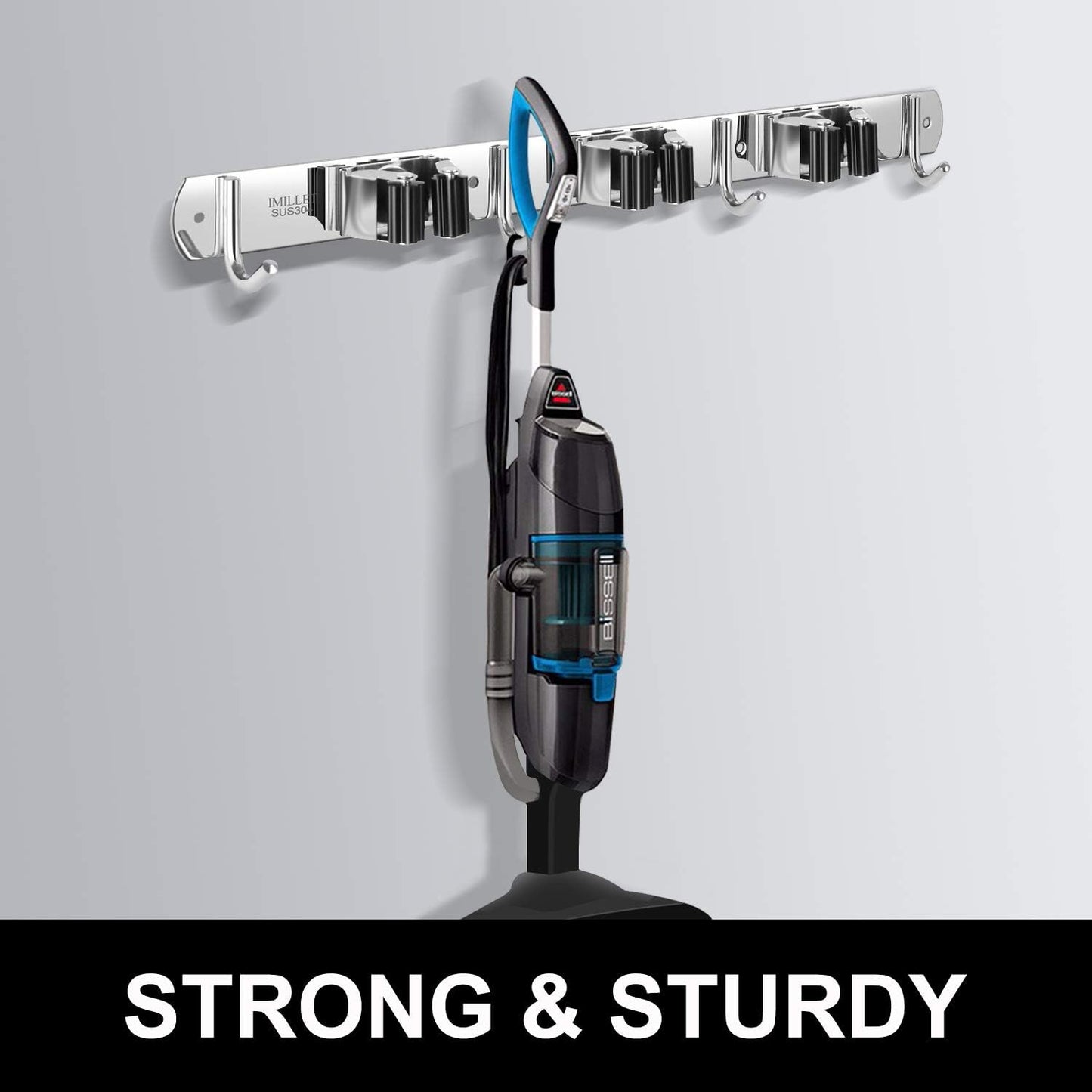 IMILLET Broom and Mop Holder Wall Mounted, Stainless Steel Broom Holder Mop Holder Self Adhesive Heavy Duty Hooks Storage Organizer for Home Laundry Room Garden Garage（3 Racks with 4 Hooks）