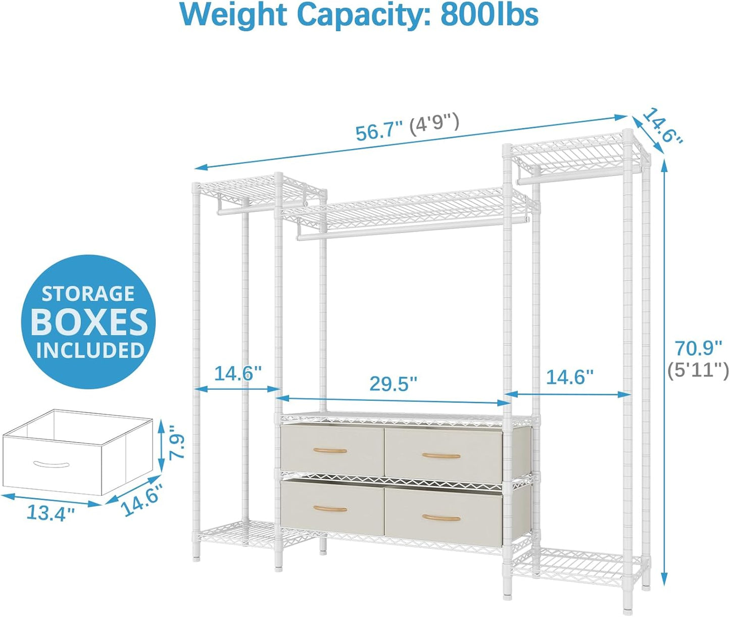 VIPEK V20 Wire Garment Rack Heavy Duty Clothes Rack, Metal Clothing Rack with 6 Shelves, 3 Hang Rods & 4 Fabric Drawers, Compact Freestanding Closet Wardrobe, 56.7" L x 14.6" W x 70.9" H, White