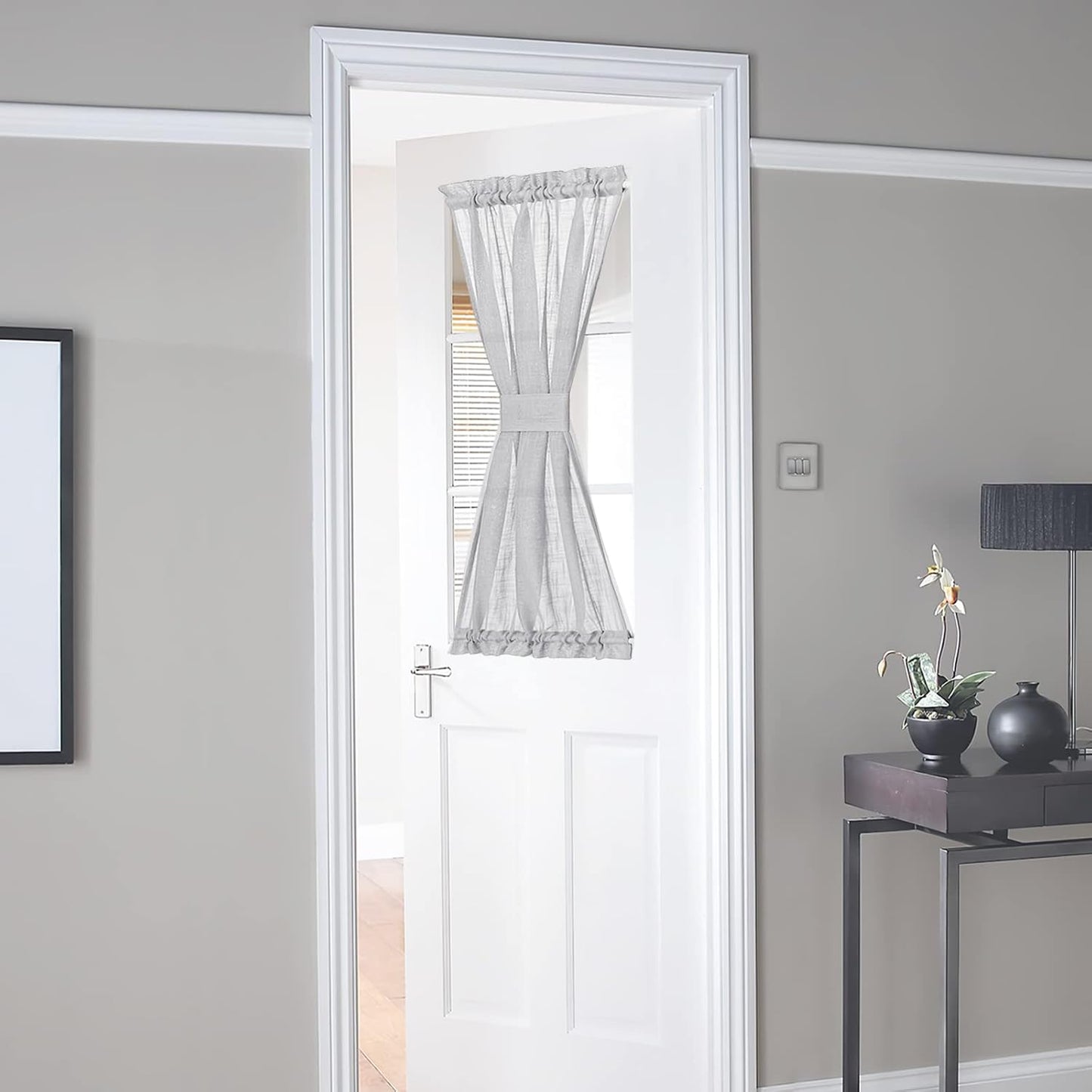 NICETOWN Translucent Door Curtain for Sidelight - Linen Textured French Door Semi Sheer Curtain(Light Grey, 40 inches Length, Single Panel, 1 Tieback Included)