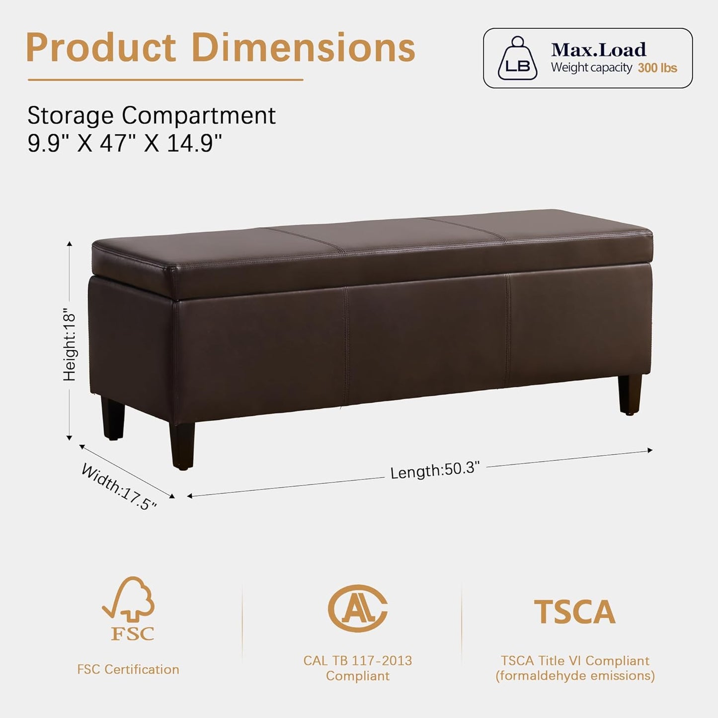 HUIMO Faux Leather Storage Ottoman Bench 50.3 Inch Extra Long PU Upholstered Bedroom Bench with Large Storage Space for The Living Room, Entryway, Bedroom Hold Up to 300lbs (Brown)