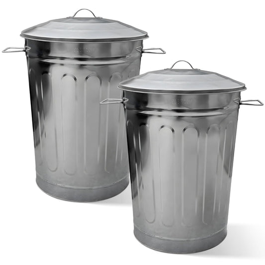 Plexon 2 Pack 13-Gallon Galvanized Steel Round Trash Can with Lid, Indoor and Outdoor Use, Durable Construction, Classic Design, Stylish