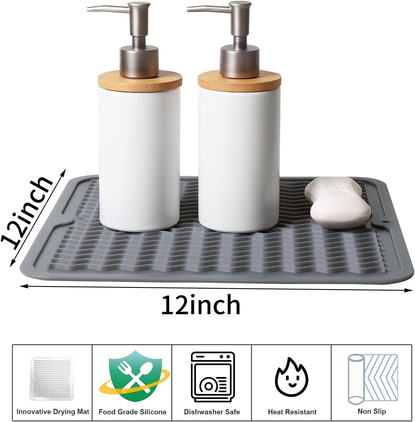ZLR 2 Pcs Silicone Dish Drying Mats for Kitchen Counter, Eco-Friendly Fast Dry Dish Mat, Easy Clean Multi Usage Drying Matt, Heat Resistant Trivet, 12" x 12" Middle, Gray