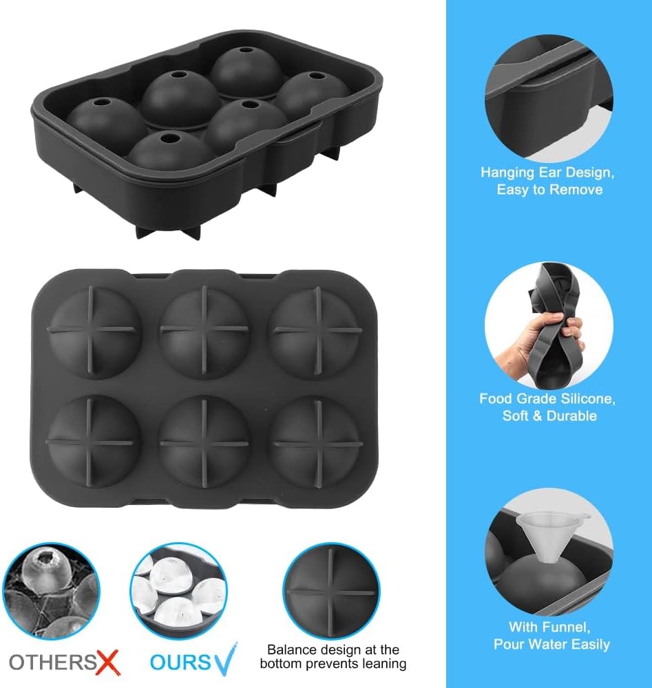 Silicone Round Ice Cube Mold, Round Ice Cube Trays for Freezer with Funnel, Easy Release Ice Cube Tray Circle Balls for Whiskey Cocktails Bourbon