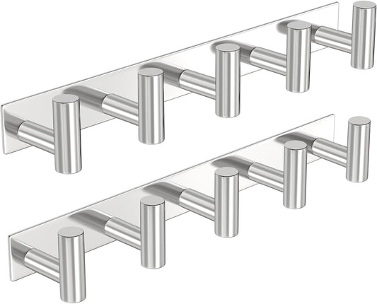 PMMASTO Coat Rack Wall Mounted, 5 "T Shaped Wall Hooks for Hanging, Heavy Duty Stainless Steel Coat Hook Rail for Hat Towel Robes in Bathroom Kitchen Mudroom Entryway (Silver, 2 Pack)
