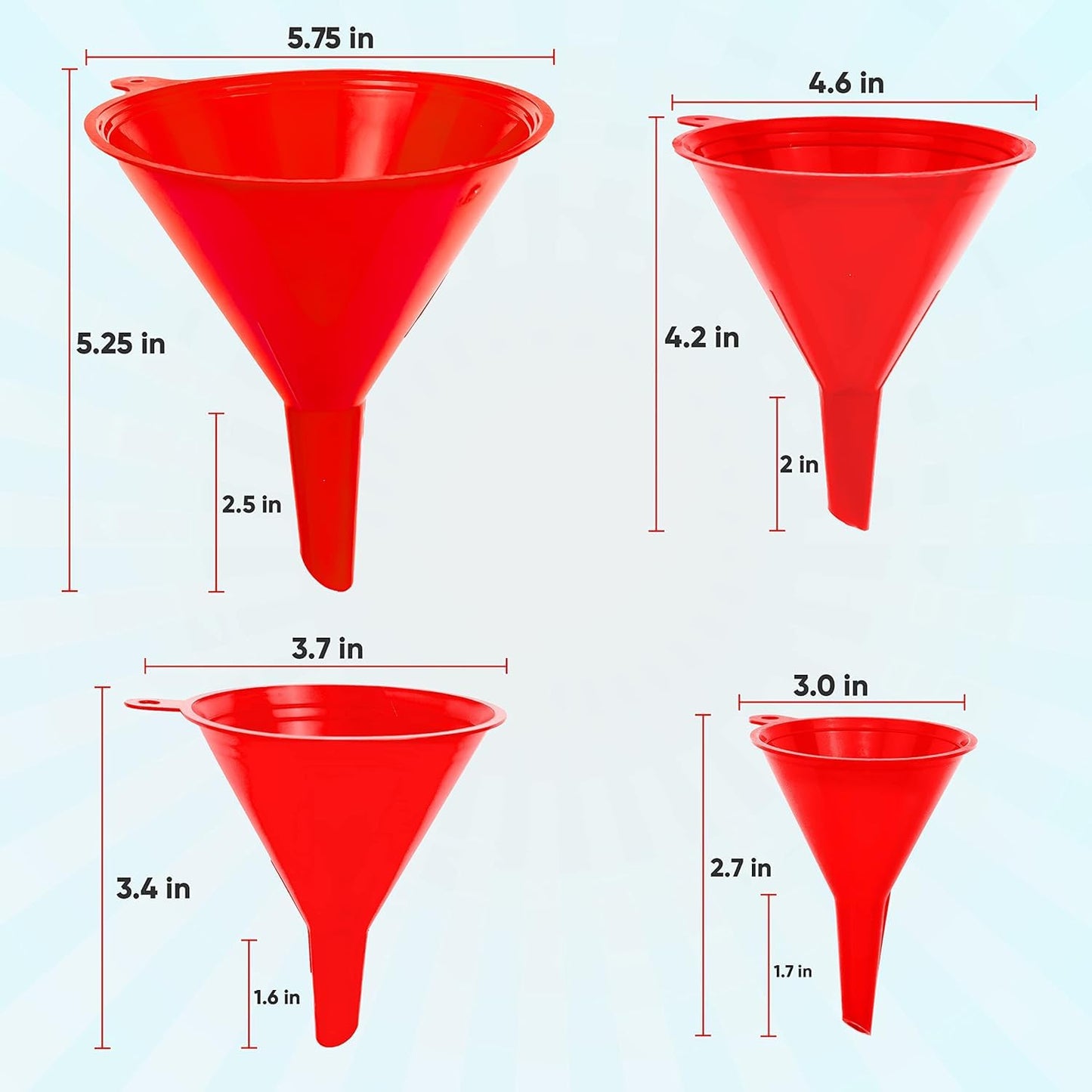 Funnel 4-Pack Funnels for Kitchen Use Filling Bottles - Food-Grade Plastic, Funnels for Automotive Use, Mess-Free Filling, funnels for Filling Bottles, Sizes (122, 101, 76 & 50mm)