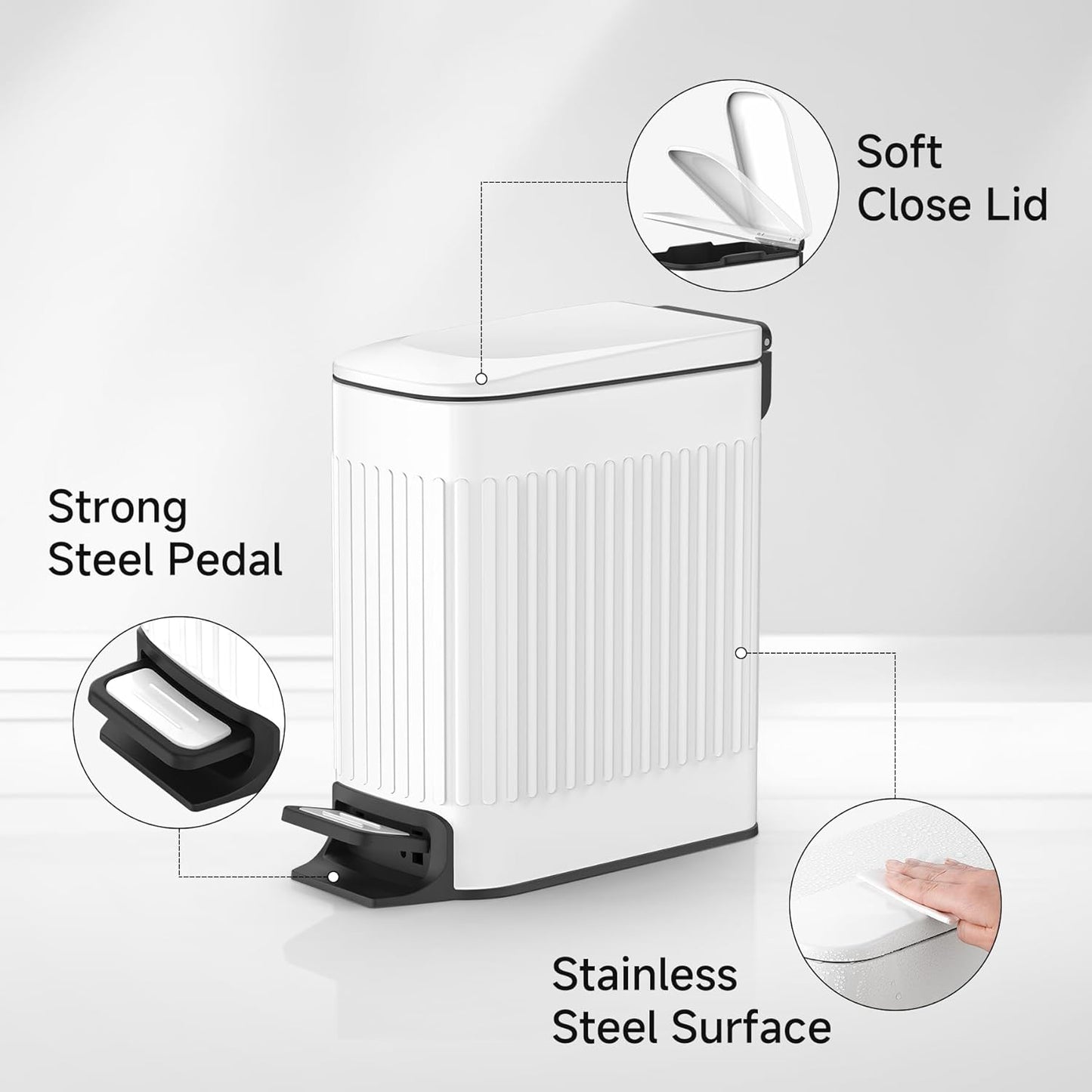 TIPGO Slim Bathroom Trash Can with Lid Soft Close, Step Pedal, 6 Liter / 1.6 Gallon Stainless Steel Trash Bin, Small Garbage Cans for Bedroom, Office, Kitchen (White)