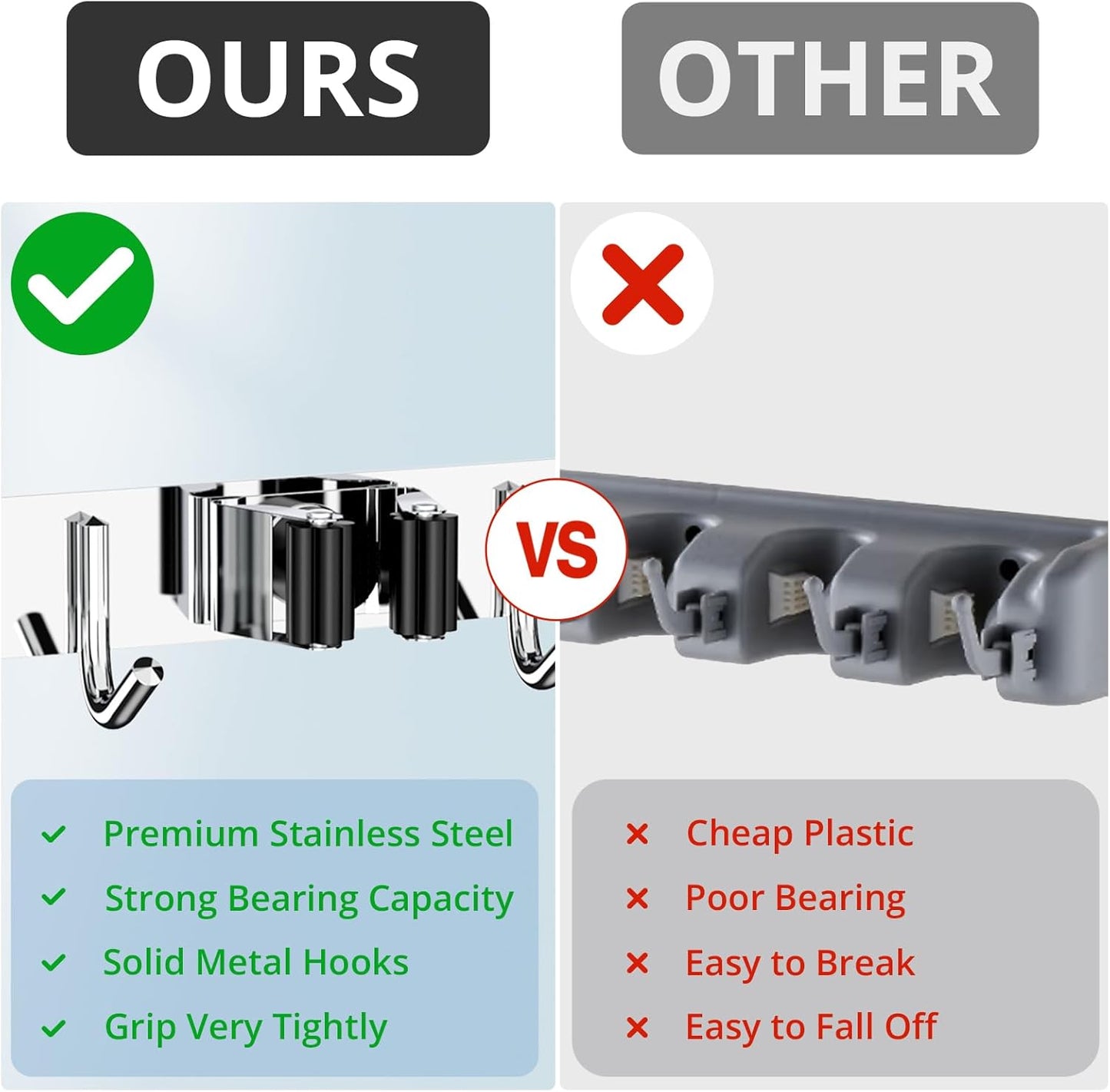 ZONGOOL Mop Broom Holder Wall Mount, Broom Organizer Mop and Broom Storage Tool Racks Stainless Steel Wall Hanger for Home Kitchen Garden Laundry Garage (3 Racks with 4 Hooks, Silver)