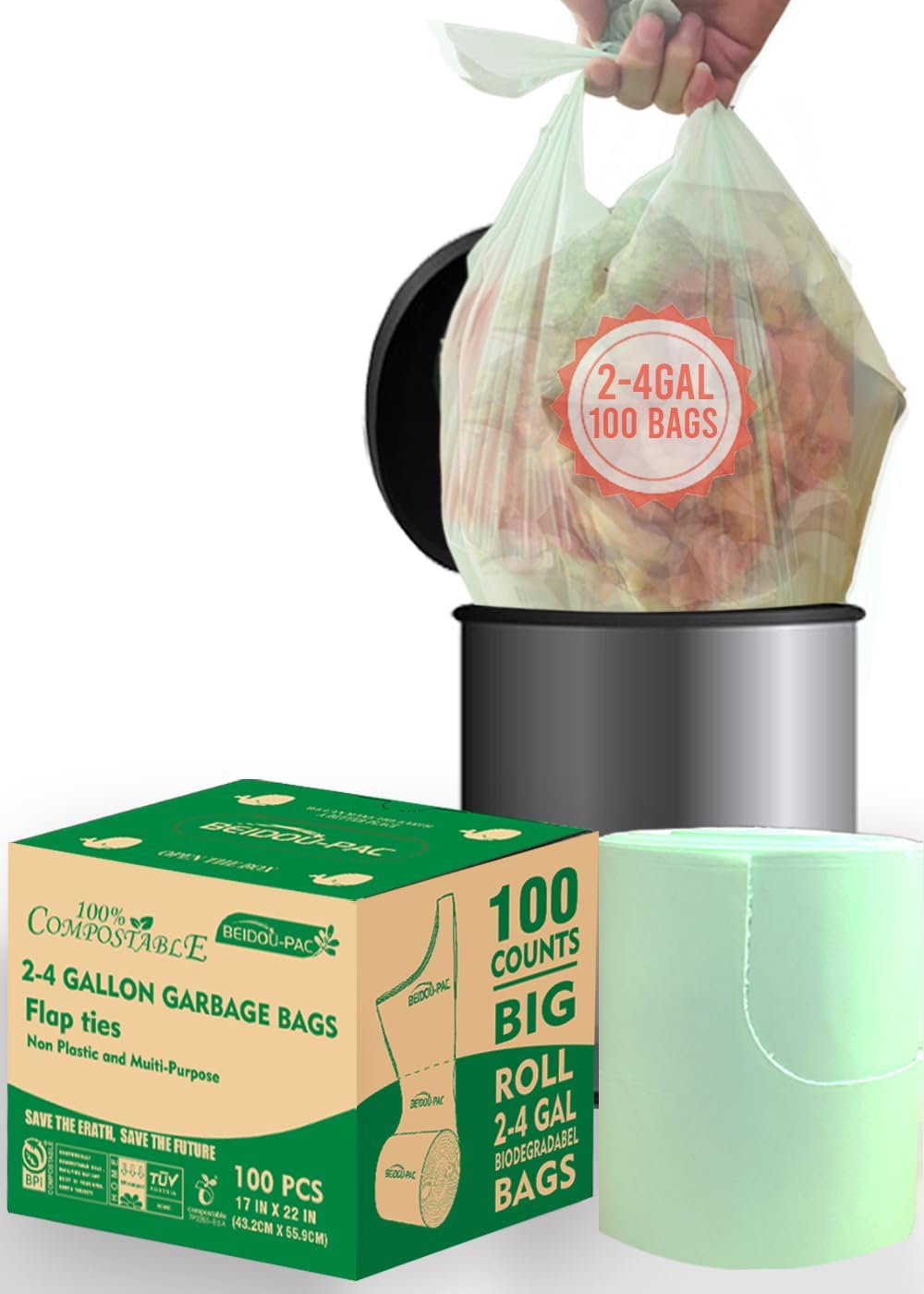3 Gallon Flap Tie Compostable Trash Bags, 100 Count Small Compost Bags, Biodegradable Kitchen Garbage Bags, Food Scrap Waste Bags for Countertop Bin, ASTM D6400, US BPI Certified
