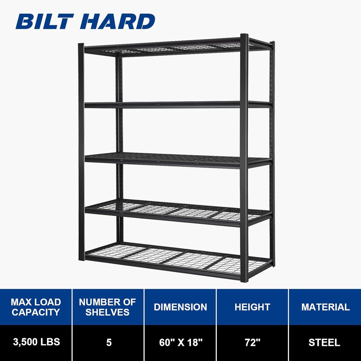 BILT HARD 3500 LBS 60" W x 18" D Garage Shelving, 72" H Heavy Duty Storage Shelves, Metal Wire Utility Shelving Units with Adjustable Shelf, Ideal for Garage, Black