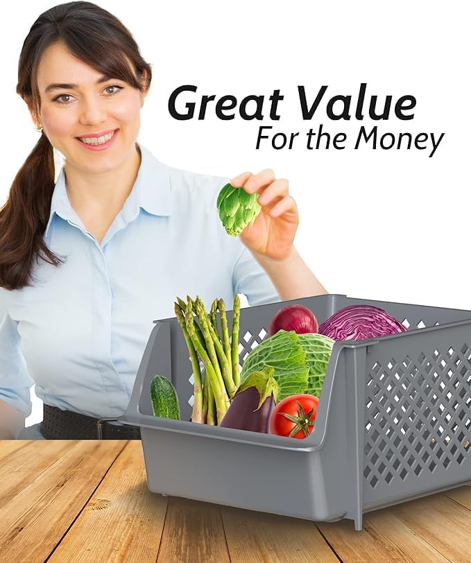 Skywin Plastic Stackable Storage Bins for Pantry - 12 Pack Stackable Bins For Organizing Food, Kitchen, and Bathroom Essentials (Light Grey)