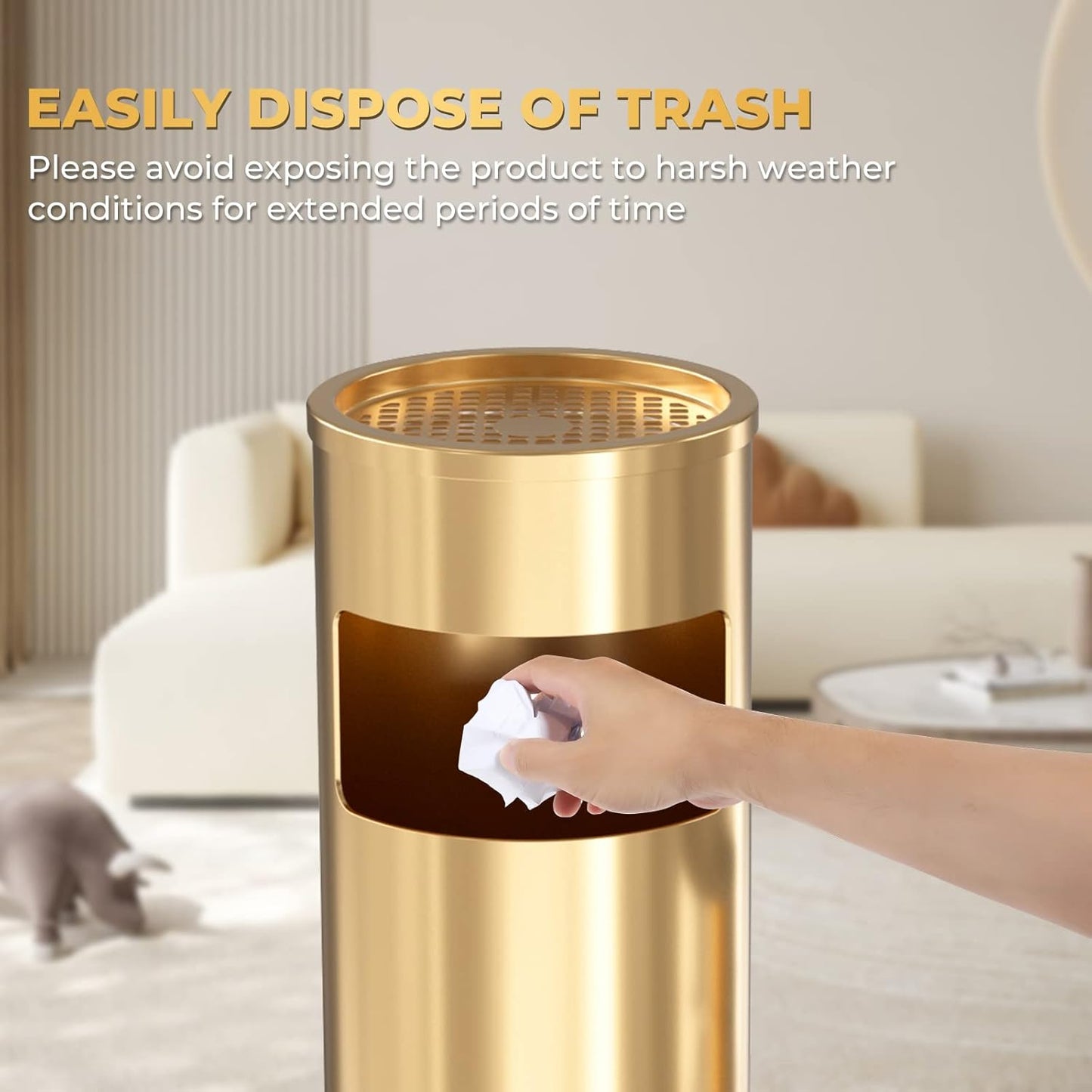 Trash Can Outdoor Waste Container Round Stainless Steel Trash Can with Removable Inner Bucket for Disposal Commercial Waste Container 9.8 x 24-Gold Tone
