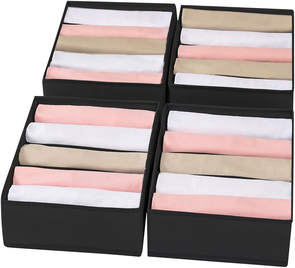 4 Packs T-shirt Drawer Organizers for Clothing,5 Grids Compartment Wardrobe Storage Box, Washable Clothes Organizer for Folded Clothes, T-shirt, Legging, Silk Scarve-Black