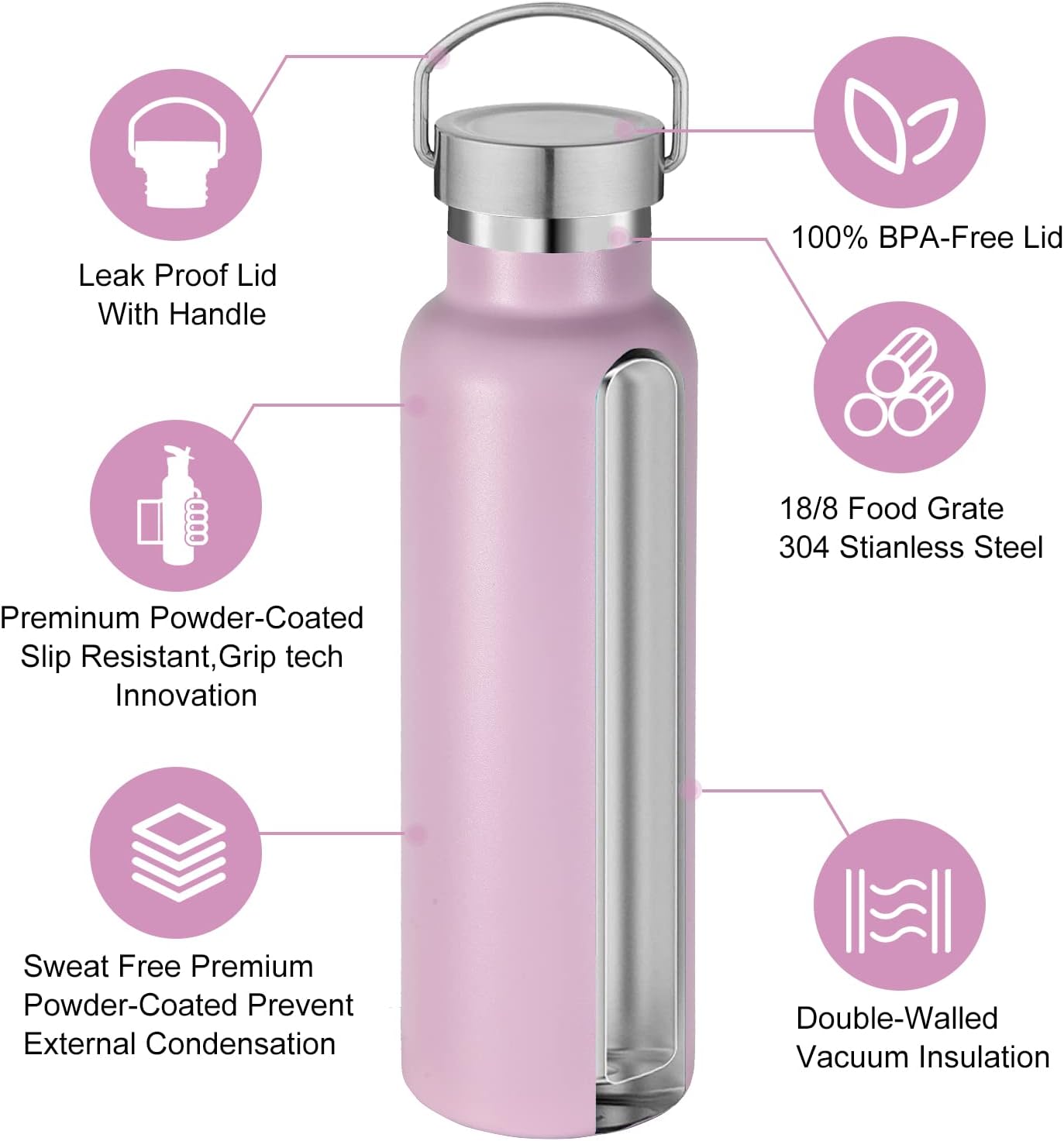 Neihepal 20 oz Insulated Water Bottles Bulk 2 Pack,Stainless Steel Double Wall Sport Bottle with Lid of Handle,Metal Reusable Thermoses Flask with Cup Cap for School,Cyclists,Gift (Pink,Set of 2)