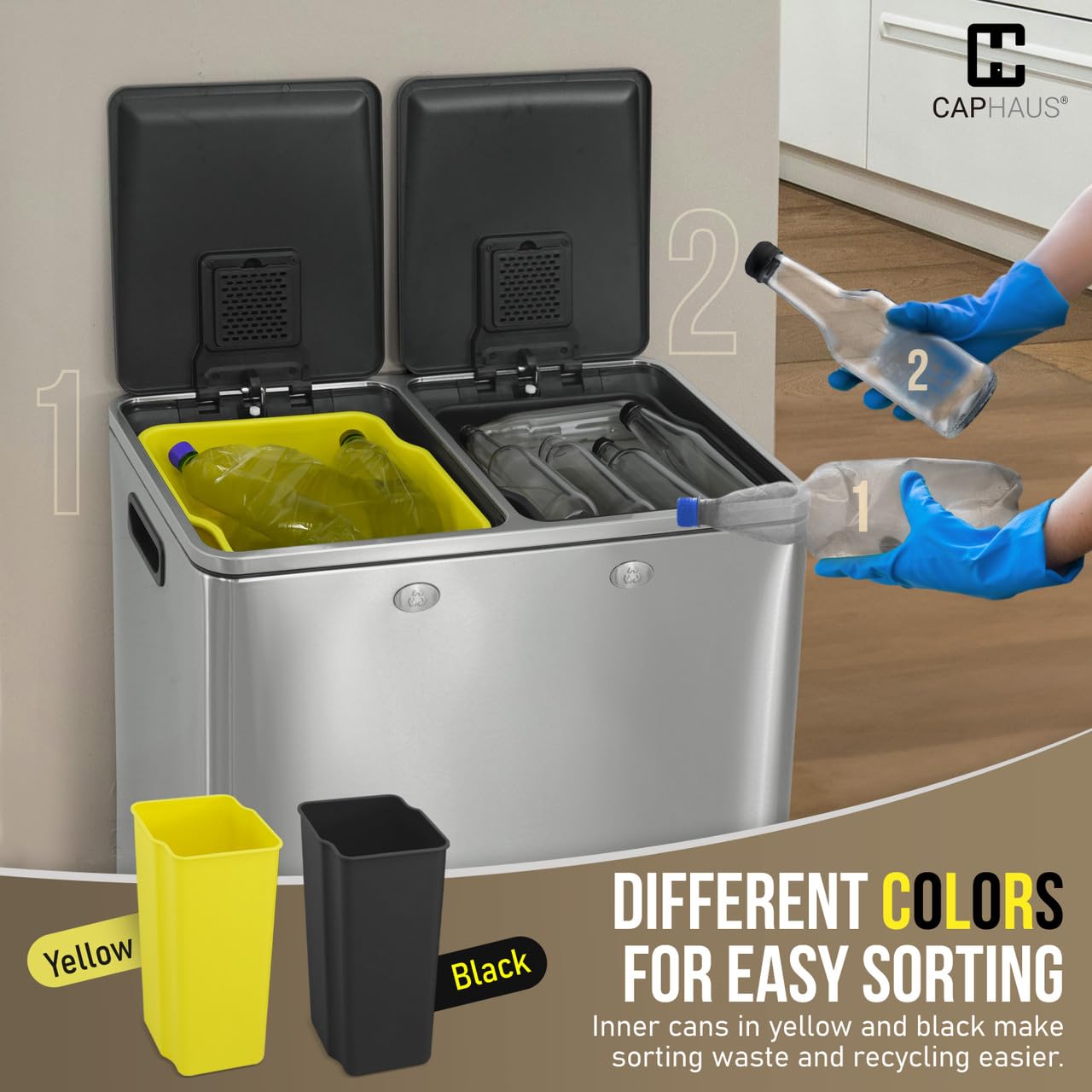 CAPHAUS Dual Trash Can with Double Lid, Trash and Recycle Bins Combo, Hands-free Stainless-Steel Garbage Can for Kitchen, with 2 Compartment, Hinged Lid, Odor Filters, Handles, 25L+25L, 2 x 6.6 Gallon